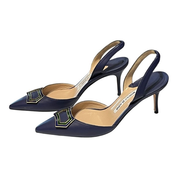 Manolo Blahnik Pointed Toe Slingback Halter Pump Leather Buckle Kitten Heel 39 - Picture 4 of 6